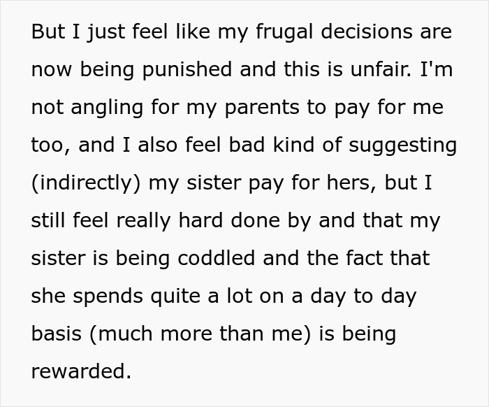 28YO Fumes As Parents Sponsor Sister’s Trip But Not Hers, Feels Her Frugal Life Is Disrespected