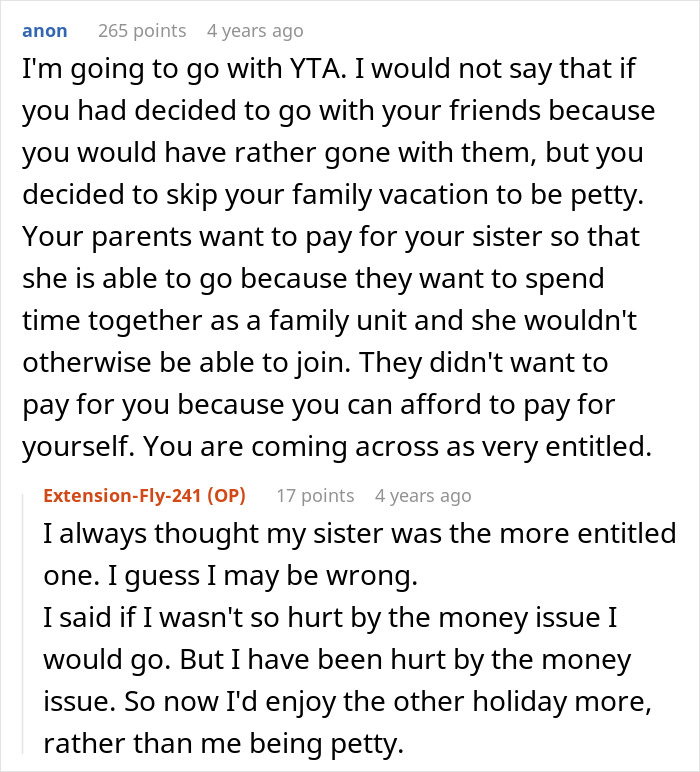 28YO Fumes As Parents Sponsor Sister’s Trip But Not Hers, Feels Her Frugal Life Is Disrespected