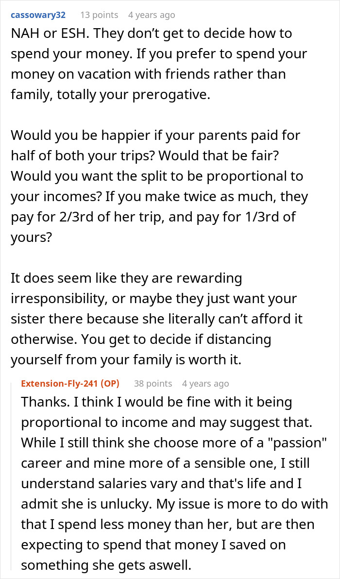 28YO Fumes As Parents Sponsor Sister’s Trip But Not Hers, Feels Her Frugal Life Is Disrespected
