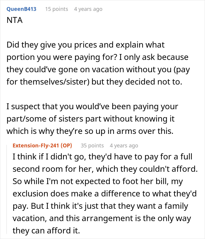 28YO Fumes As Parents Sponsor Sister’s Trip But Not Hers, Feels Her Frugal Life Is Disrespected