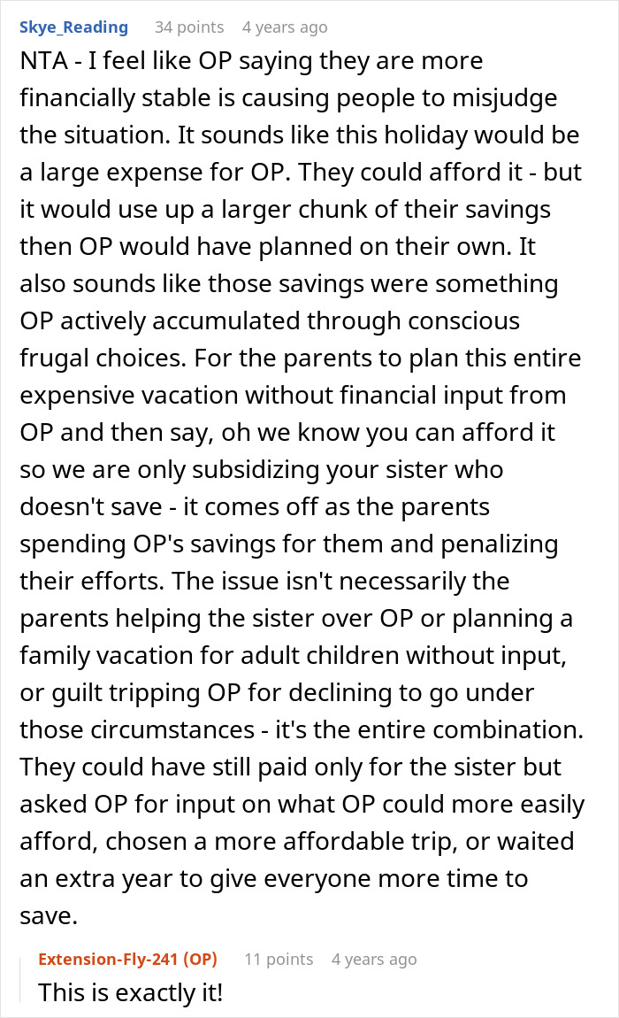 28YO Fumes As Parents Sponsor Sister’s Trip But Not Hers, Feels Her Frugal Life Is Disrespected