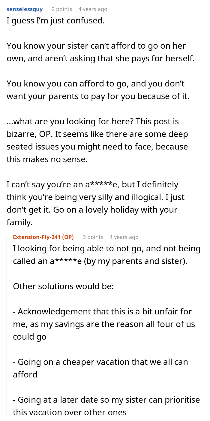 28YO Fumes As Parents Sponsor Sister’s Trip But Not Hers, Feels Her Frugal Life Is Disrespected