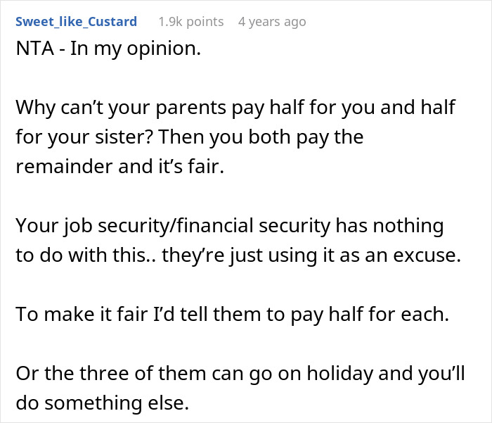 28YO Fumes As Parents Sponsor Sister’s Trip But Not Hers, Feels Her Frugal Life Is Disrespected