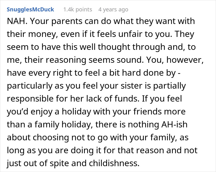 28YO Fumes As Parents Sponsor Sister’s Trip But Not Hers, Feels Her Frugal Life Is Disrespected