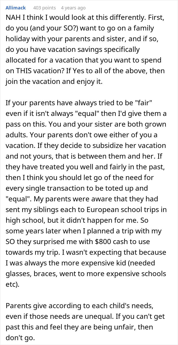 28YO Fumes As Parents Sponsor Sister’s Trip But Not Hers, Feels Her Frugal Life Is Disrespected