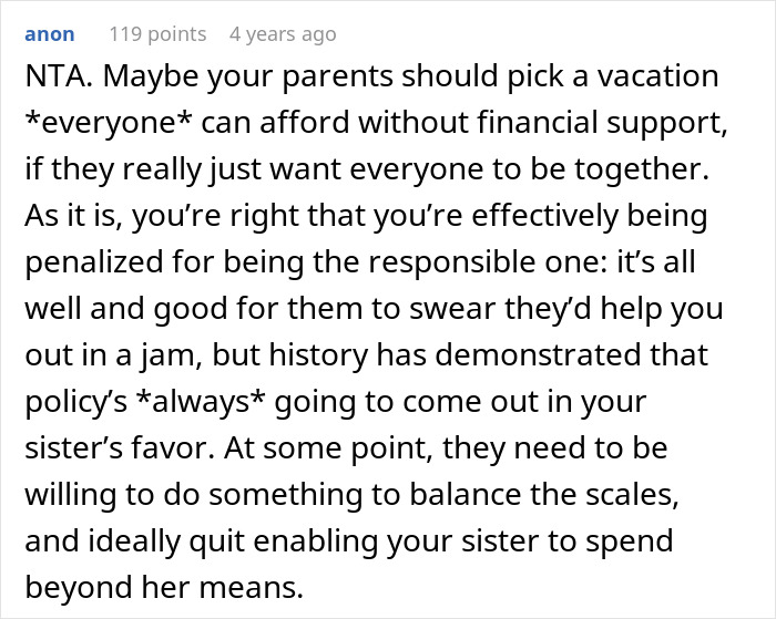 28YO Fumes As Parents Sponsor Sister’s Trip But Not Hers, Feels Her Frugal Life Is Disrespected
