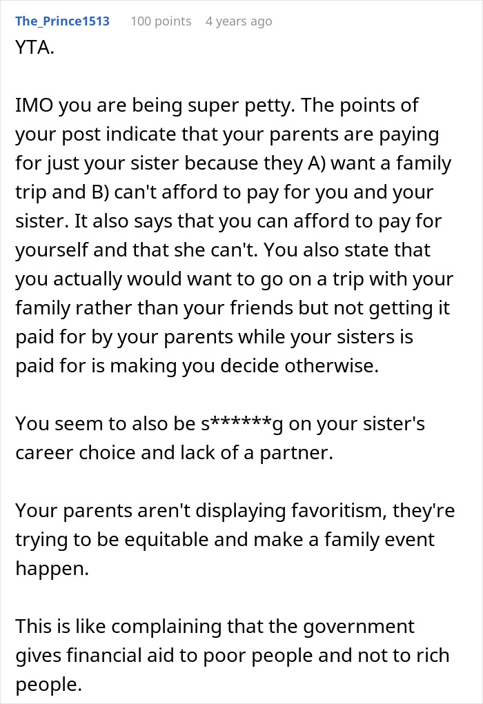 28YO Fumes As Parents Sponsor Sister’s Trip But Not Hers, Feels Her Frugal Life Is Disrespected