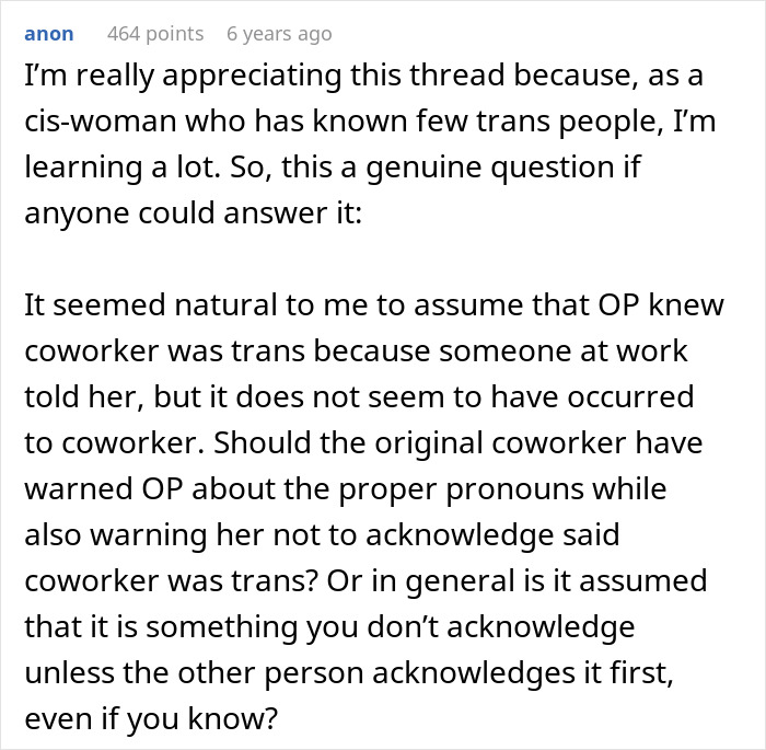 Trans Woman Mad At Coworker Who “Clocked” Her Identity, Which She Thought Was A Secret All Along