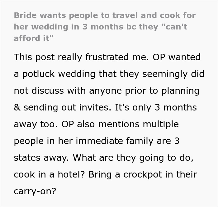 People Are Discussing Bride’s Idea Of A Potluck Wedding And It’s Pretty Triggering For Some People Are Discussing Bride’s Idea Of A Potluck Wedding And It’s Pretty Triggering For Some