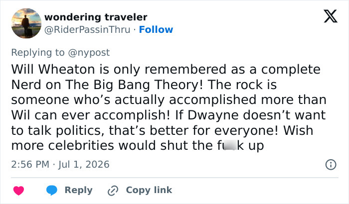 Wil Wheaton Joins Backlash Against “Coward” Dwayne “The Rock” Johnson Over His Stance On Political Topics Wil Wheaton Joins Backlash Against “Coward” Dwayne “The Rock” Johnson Over His Stance On Political Topics