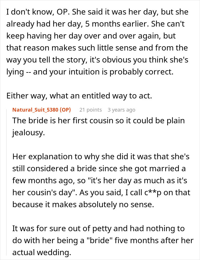 Bride’s Cousin Acted Like She’s The One Getting Married, Her Excuse Made Everyone Roll Their Eyes Bride’s Cousin Acted Like She’s The One Getting Married, Her Excuse Made Everyone Roll Their Eyes