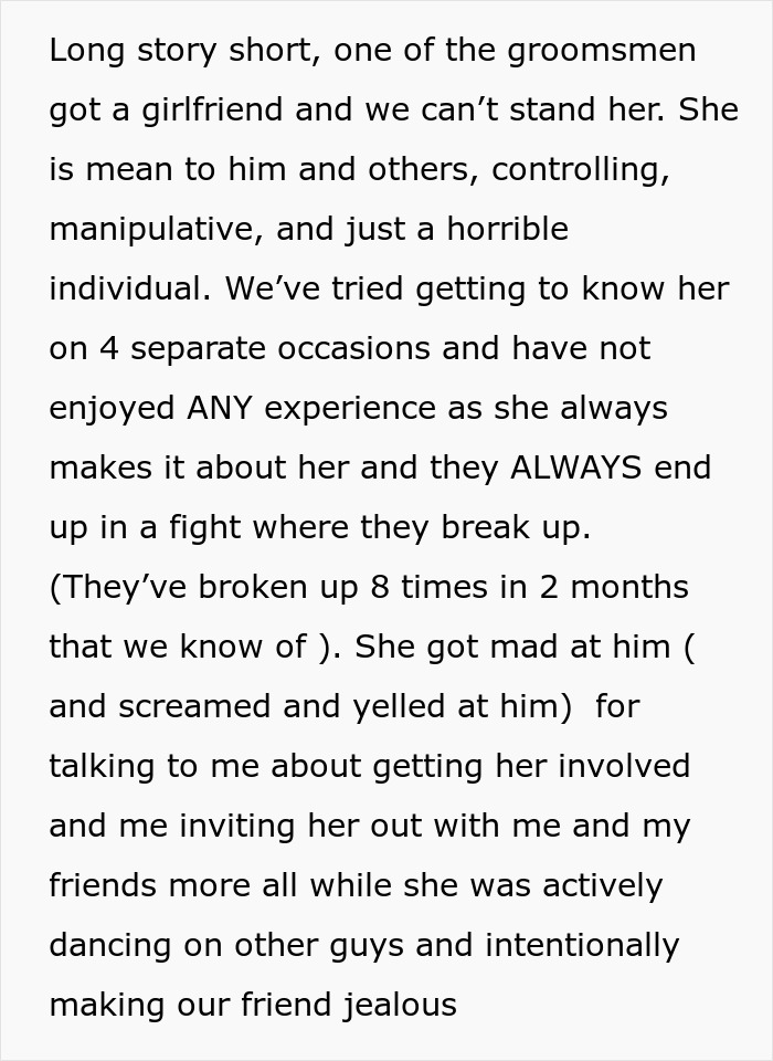Groomsman Decides To Boycott His Best Friend’s Wedding, Mad His Toxic GF Didn’t Get An Invite Groomsman Decides To Boycott His Best Friend’s Wedding, Mad His Toxic GF Didn’t Get An Invite