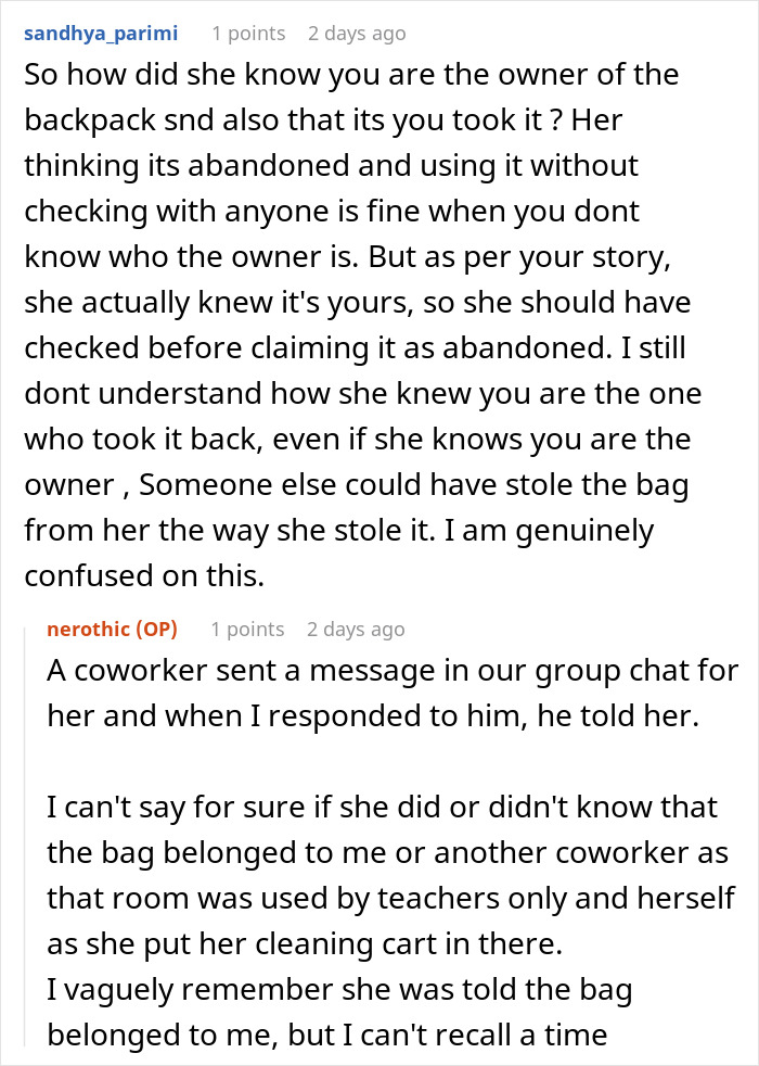 Cleaner Helps Herself To Teacher’s Lost Backpack, Gets Mad When The Owner Helps Herself To It Too Cleaner Helps Herself To Teacher’s Lost Backpack, Gets Mad When The Owner Helps Herself To It Too