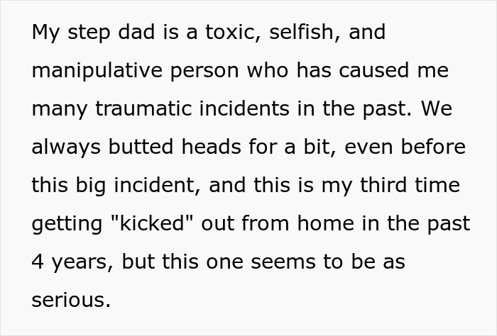 Stepdad Kicks 22YO Out 3 Times In 4 Years, 22YO Faces Homeless Again As Fam Doesn’t Approve Of GF Stepdad Kicks 22YO Out 3 Times In 4 Years, 22YO Faces Homeless Again As Fam Doesn’t Approve Of GF