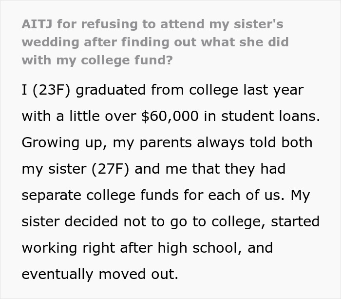 Woman Wants An Apology After Learning Sis Received Her College Fund, Family Says She Should Move On Woman Wants An Apology After Learning Sis Received Her College Fund, Family Says She Should Move On