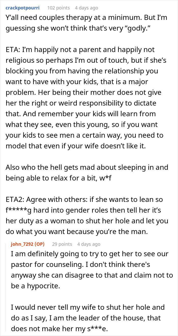 Christian Guy Agrees To Strict Gender Roles In The Family, Upset Wife Actually Enforces Them Christian Guy Agrees To Strict Gender Roles In The Family, Upset Wife Actually Enforces Them