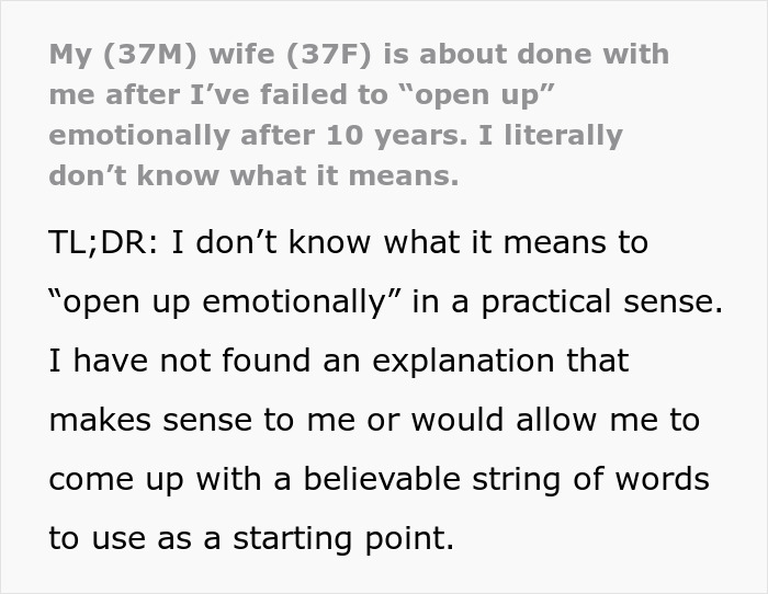 Guy Doesn’t Know What It Means To “Open Up Emotionally,” Wife Of 10 Years On Brink Of Divorce Guy Doesn’t Know What It Means To “Open Up Emotionally,” Wife Of 10 Years On Brink Of Divorce