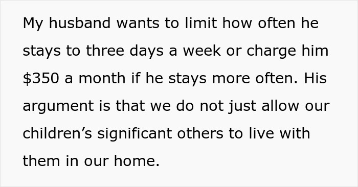 Woman Won’t Support Husband’s Plan To Charge Her Daughter’s Boyfriend Rent For Staying Over Woman Won’t Support Husband’s Plan To Charge Her Daughter’s Boyfriend Rent For Staying Over