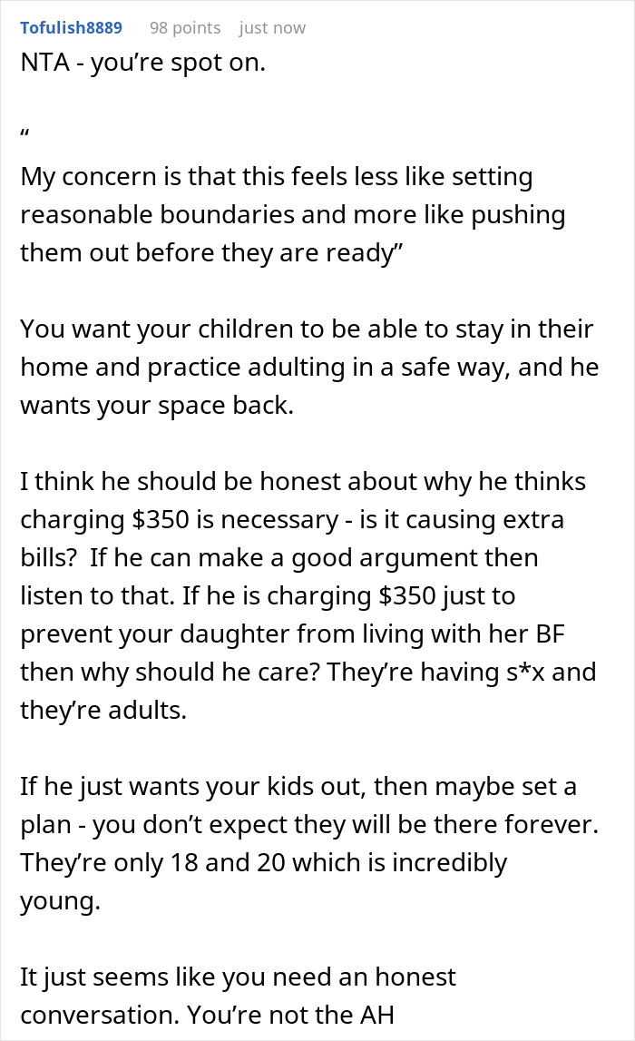 Woman Won’t Support Husband’s Plan To Charge Her Daughter’s Boyfriend Rent For Staying Over Woman Won’t Support Husband’s Plan To Charge Her Daughter’s Boyfriend Rent For Staying Over