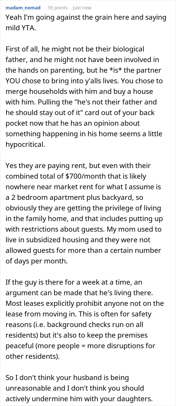 Woman Won’t Support Husband’s Plan To Charge Her Daughter’s Boyfriend Rent For Staying Over Woman Won’t Support Husband’s Plan To Charge Her Daughter’s Boyfriend Rent For Staying Over