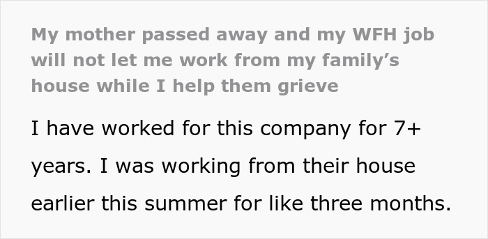 WFH Worker Asks To Relocate To Grieve Their Devastating Loss, Gets A “Cold” Reality Check Instead WFH Worker Asks To Relocate To Grieve Their Devastating Loss, Gets A “Cold” Reality Check Instead
