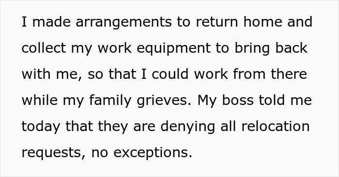 WFH Worker Asks To Relocate To Grieve Their Devastating Loss, Gets A “Cold” Reality Check Instead WFH Worker Asks To Relocate To Grieve Their Devastating Loss, Gets A “Cold” Reality Check Instead
