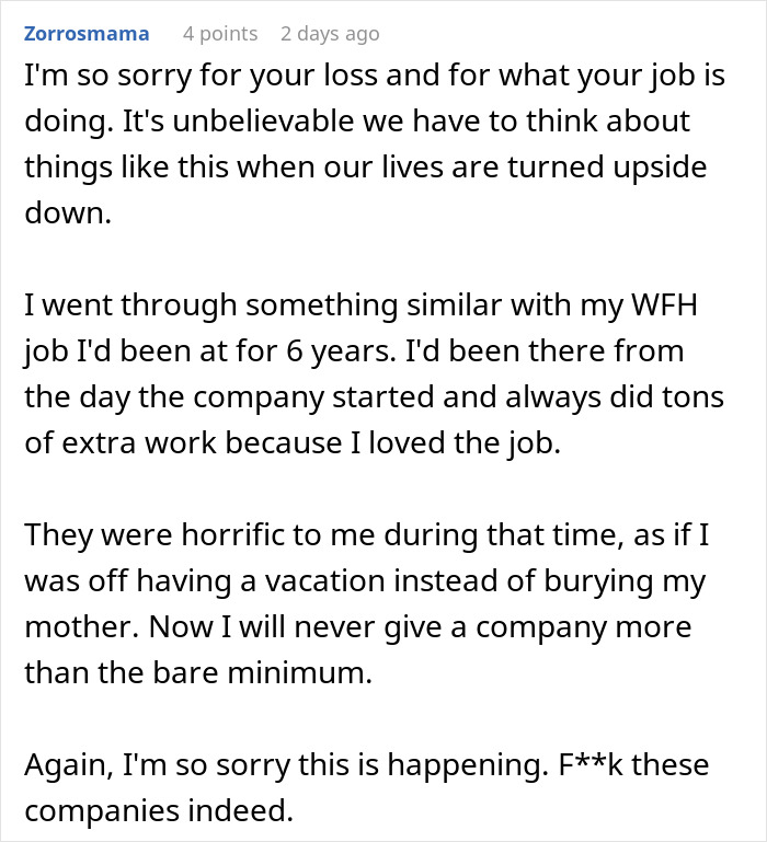 WFH Worker Asks To Relocate To Grieve Their Devastating Loss, Gets A “Cold” Reality Check Instead WFH Worker Asks To Relocate To Grieve Their Devastating Loss, Gets A “Cold” Reality Check Instead