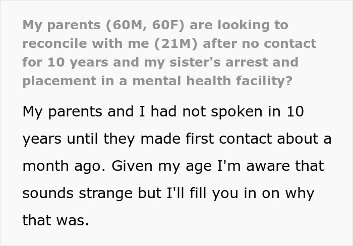 Guy Can’t Believe Parents Want To Reconcile After They Ignored His Sister’s Mental Health To Dangerous Levels Guy Can’t Believe Parents Want To Reconcile After They Ignored His Sister’s Mental Health To Dangerous Levels