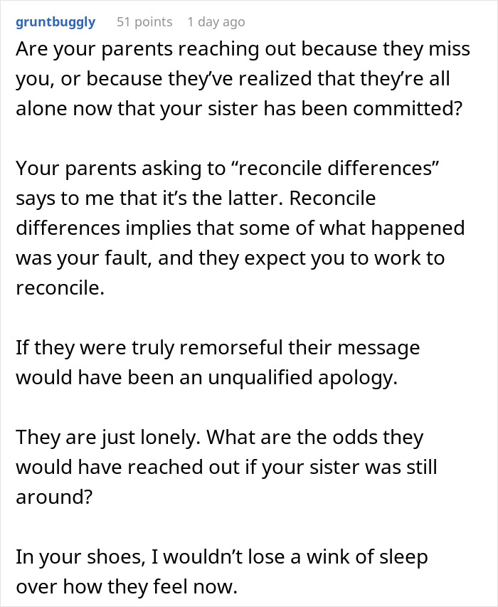 Guy Can’t Believe Parents Want To Reconcile After They Ignored His Sister’s Mental Health To Dangerous Levels Guy Can’t Believe Parents Want To Reconcile After They Ignored His Sister’s Mental Health To Dangerous Levels