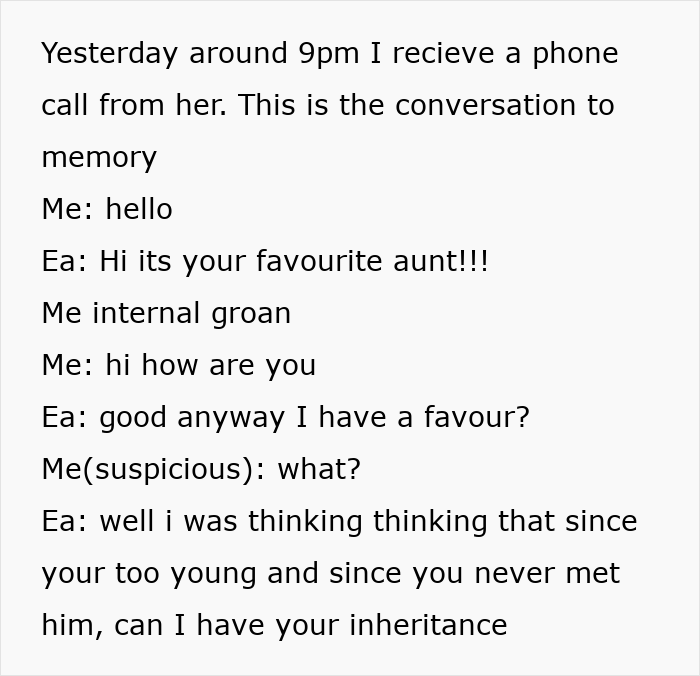 Greedy Aunt Pressures Teen To Give Up His Unclaimed Inheritance, Dad Quickly Puts Her In Her Place Greedy Aunt Pressures Teen To Give Up His Unclaimed Inheritance, Dad Quickly Puts Her In Her Place