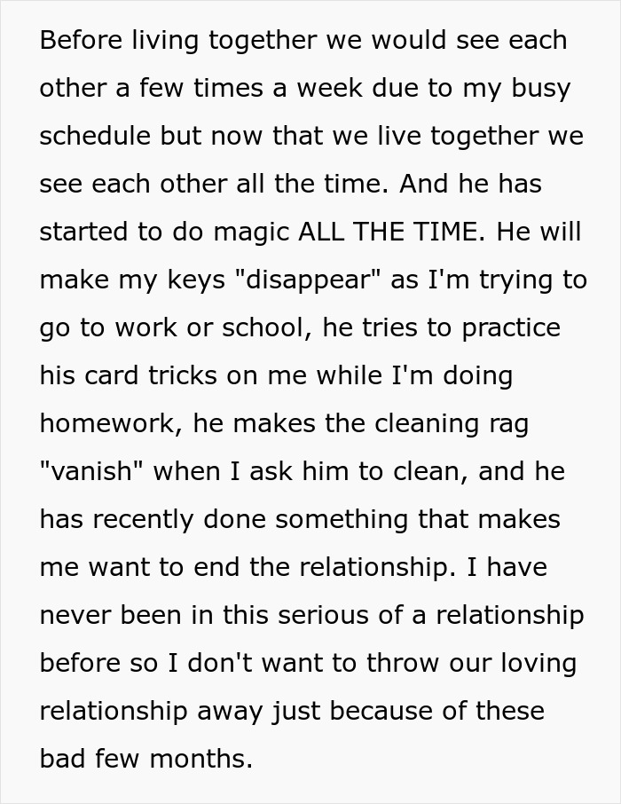 Magician Boyfriend Keeps Making Things Disappear, But One Final Trick Makes His Relationship Vanish Magician Boyfriend Keeps Making Things Disappear, But One Final Trick Makes His Relationship Vanish