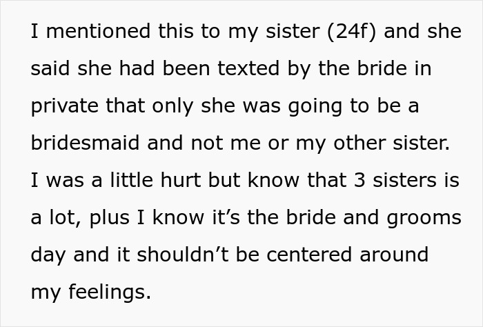 Groom Promises All 3 Sisters Bridesmaid Dresses, Bride Hands Out Rejection Letters Based On Weight Groom Promises All 3 Sisters Bridesmaid Dresses, Bride Hands Out Rejection Letters Based On Weight