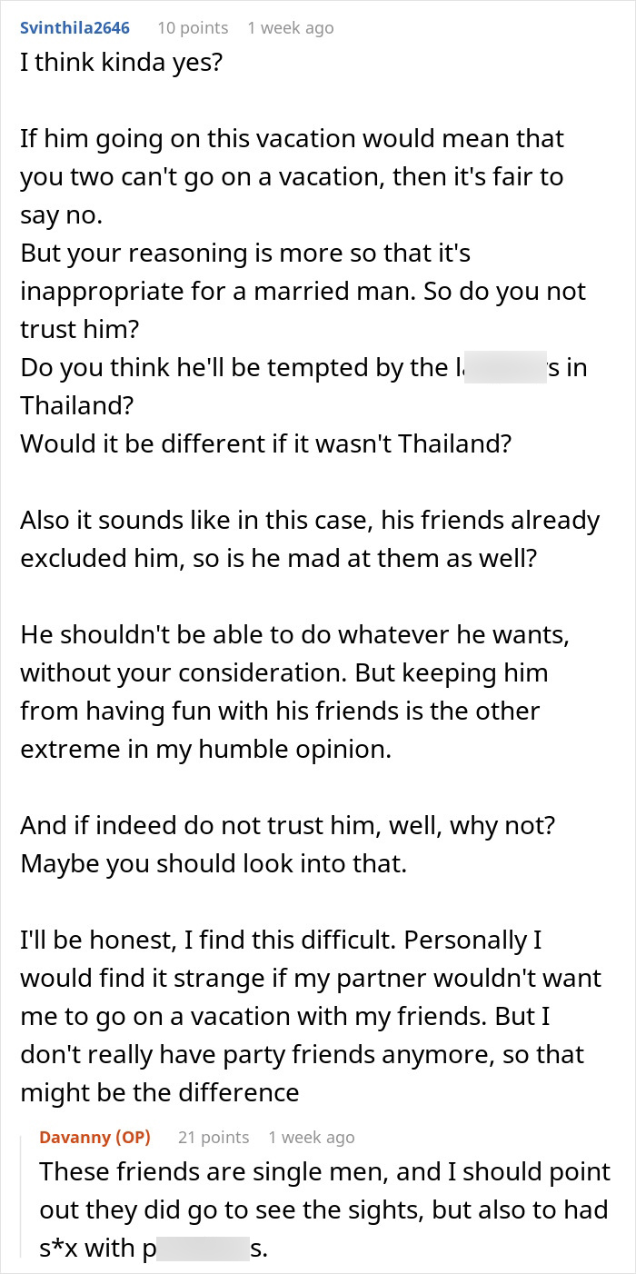 Guy Wants Marriage At Home And Single-Guy Trips To Thailand With Pals, Wife Says He Can&rsquo;t Have Both