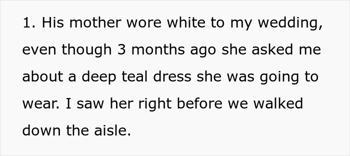 Frustrated Bride Blocks Entire In-Law Family After Toxic MIL Wears A White Dress To Her Wedding Frustrated Bride Blocks Entire In-Law Family After Toxic MIL Wears A White Dress To Her Wedding