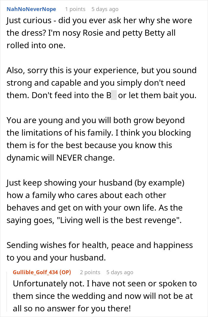 Frustrated Bride Blocks Entire In-Law Family After Toxic MIL Wears A White Dress To Her Wedding Frustrated Bride Blocks Entire In-Law Family After Toxic MIL Wears A White Dress To Her Wedding