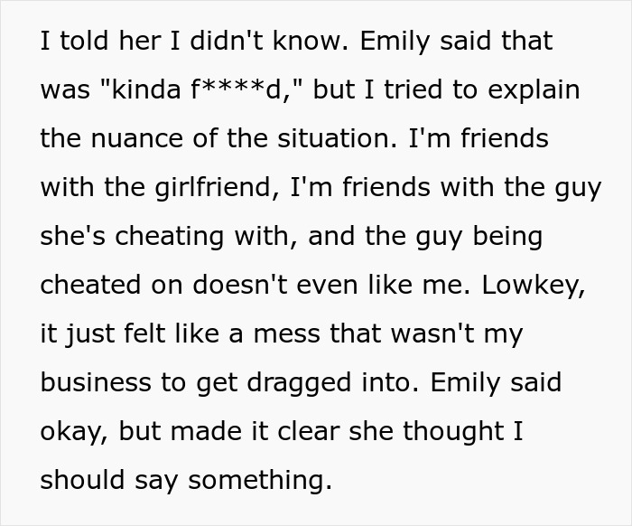 Guy Refuses To Expose Acquaintance’s Cheating GF, Surprised As Friends Ice Him Out Of The Group