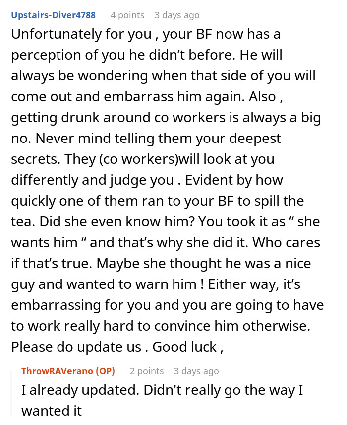 Woman’s Drunk Comment Leaves Her Panicking After Coworker Tells Her Boyfriend Woman’s Drunk Comment Leaves Her Panicking After Coworker Tells Her Boyfriend