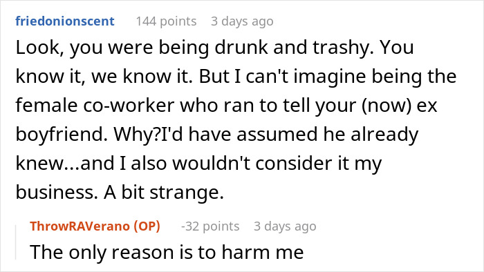 Woman’s Drunk Comment Leaves Her Panicking After Coworker Tells Her Boyfriend Woman’s Drunk Comment Leaves Her Panicking After Coworker Tells Her Boyfriend