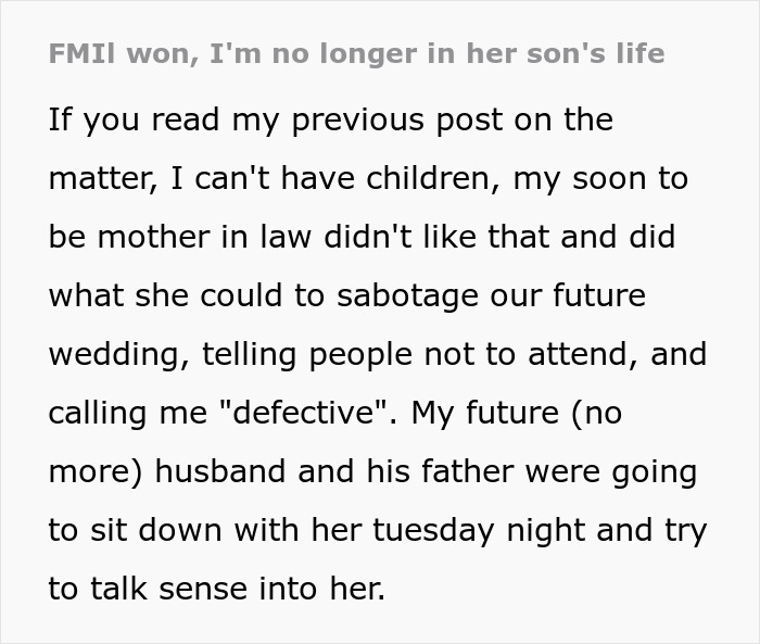 Future Mother-In-Law Calls Woman “Defective,” Then Tries To Stop Her Son From Marrying Her Future Mother-In-Law Calls Woman “Defective,” Then Tries To Stop Her Son From Marrying Her