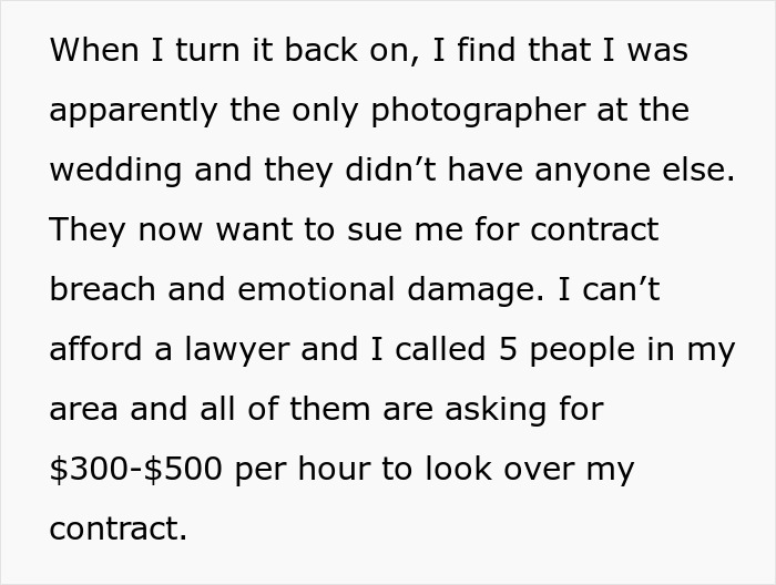 Amateur Photographer Signs A Contract And Then Doesn’t Show Up To Wedding: “They Want To Sue Me Now” Amateur Photographer Signs A Contract And Then Doesn’t Show Up To Wedding: “They Want To Sue Me Now”