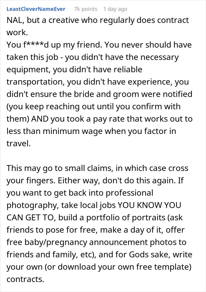 Amateur Photographer Signs A Contract And Then Doesn’t Show Up To Wedding: “They Want To Sue Me Now” Amateur Photographer Signs A Contract And Then Doesn’t Show Up To Wedding: “They Want To Sue Me Now”