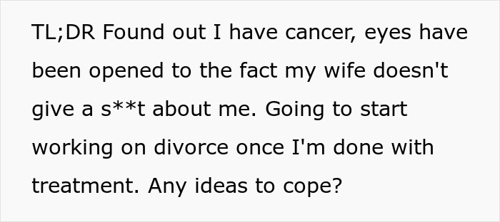 Guy Horrified As His Cancer Has No Effect On Postpartum Wife Who Still Expects Him To Slog At Home