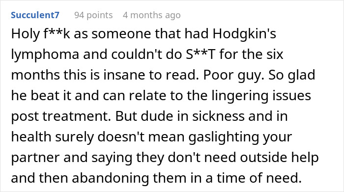 Guy Horrified As His Cancer Has No Effect On Postpartum Wife Who Still Expects Him To Slog At Home