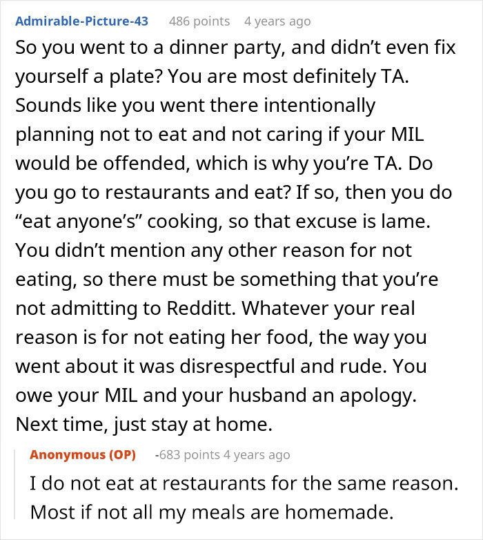 Woman Refuses To Eat At MIL’s Home: “I Don’t Just Eat Anyone’s Cooking”