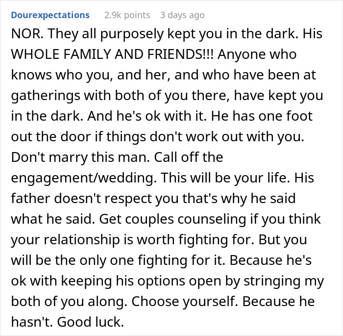Woman Rethinks Her Engagement After Future Father-In-Law Accidentally Reveals His Son&rsquo;s &ldquo;Backup Plan&rdquo;