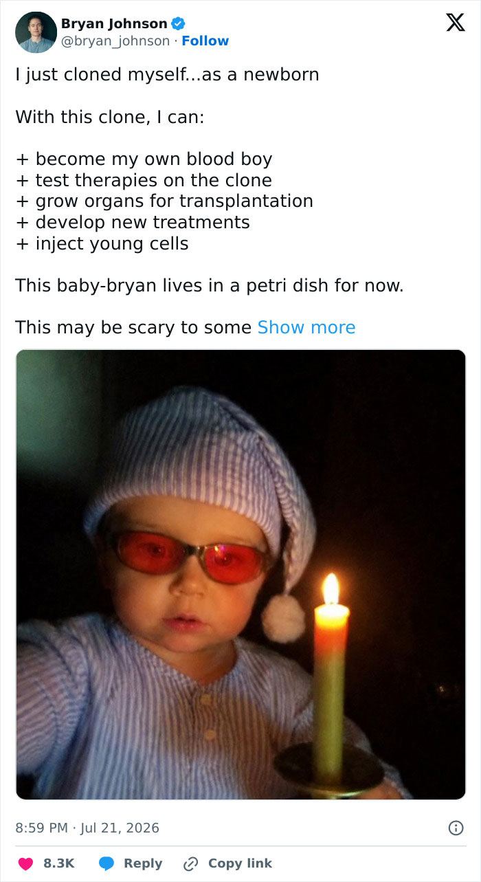Multimillionaire Biohacker Bryan Johnson Shocks Fans As He Reveals He “Cloned Himself As A Baby” Multimillionaire Biohacker Bryan Johnson Shocks Fans As He Reveals He “Cloned Himself As A Baby”