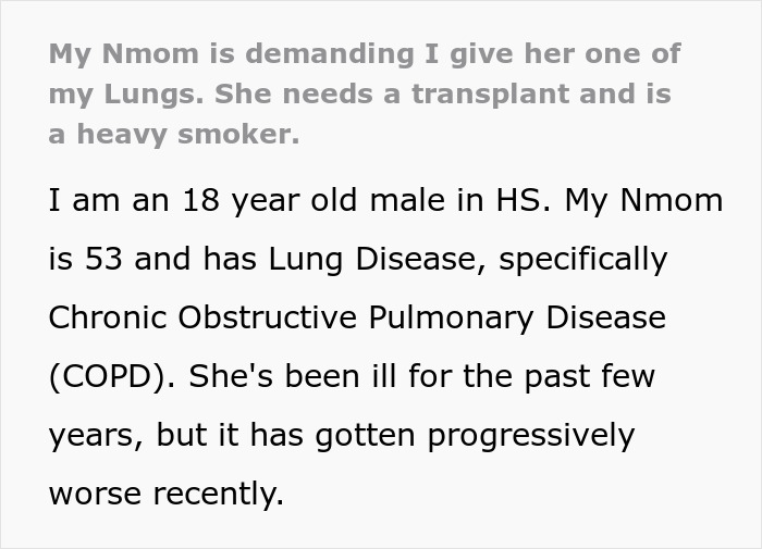 Teen’s Life Is A Mess After He Refuses To Donate His Lung To His Mom And She Feels Her End Nearing Teen’s Life Is A Mess After He Refuses To Donate His Lung To His Mom And She Feels Her End Nearing