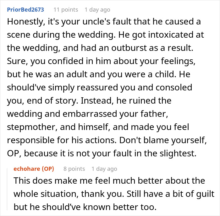 15YO Opens Up About Fearing Her New Stepmom, Uncle Turns Her Confession Into A Wedding Day Meltdown 15YO Opens Up About Fearing Her New Stepmom, Uncle Turns Her Confession Into A Wedding Day Meltdown