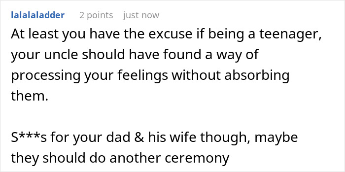 15YO Opens Up About Fearing Her New Stepmom, Uncle Turns Her Confession Into A Wedding Day Meltdown 15YO Opens Up About Fearing Her New Stepmom, Uncle Turns Her Confession Into A Wedding Day Meltdown