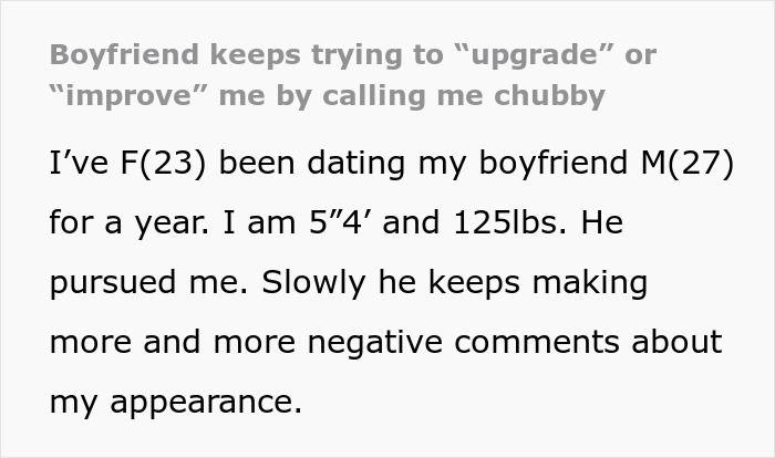 Guy Chases His Dream Girl, Spends The Next Year Calling Her Chubby And Trying To ‘Fix’ Her Guy Chases His Dream Girl, Spends The Next Year Calling Her Chubby And Trying To ‘Fix’ Her